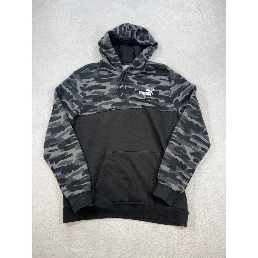 Puma Mens Large Camo Colorblock Hoodie Black Grey Fleece Pullover Sweatshirt